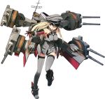  1girl bismarck_(kantai_collection) blonde_hair breasts brown_gloves cannon detached_sleeves gloves grey_eyes grey_legwear hat kantai_collection long_hair mecha_musume official_art open_mouth peaked_cap personification shimada_fumikane solo thigh-highs transparent_background 