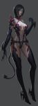  1girl absurdres black_hair black_legwear boots breasts claws demon_girl demon_tail detached_collar garter_belt grey_background highres navel original short_hair single_spaulder sling_bikini solo spaulders swimsuit tail thigh-highs thigh_boots youyi_(ww5413203) 