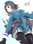  1girl backpack bag beret black_gloves black_hair black_legwear breasts cannon garter_straps gloves hat highres kantai_collection large_breasts personification pink_eyes sch short_hair skirt solo takao_(kantai_collection) thigh-highs 