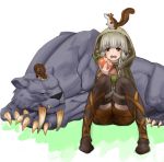  1girl apple boots braid brown_eyes cloak dragon&#039;s_crown eating elf_(dragon&#039;s_crown) food fruit highres hood long_hair mini open_mouth pointy_ears sabertooth_cat shorts simple_background sitting squirrel thigh-highs thigh_boots twin_braids white_background 