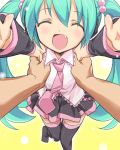  ^_^ alternate_color alternate_costume aqua_hair arms carry_me child closed_eyes detached_sleeves eeeeee extended_arms fang flat_chest hair_bobbles hair_ornament hands happy hatsune_miku hold holding jpeg_artifacts necktie open_mouth outstretched_arms petite_miku pov reach smile thigh-highs thighhighs twintails vocaloid zettai_ryouiki 