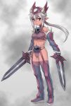  dark_skin detached_sleeves dual_wield dual_wielding grey_hair helm helmet midriff pointy_ears poporon red_eyes skull solo sword thigh-highs thigh_boots thighhighs weapon white_hair 