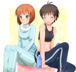  antenna_hair bad_id brown_eyes brown_hair closed_eyes hagiwara_yukiho idolmaster kikuchi_makoto kinayuu midriff multiple_girls navel short_hair track_suit 