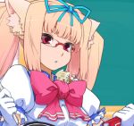  bad_id bow cat_ears dameyo glasses gloves red_eyes ribbon solo twintails 