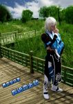  animals blue_sky bridge clouds cosplay grass morichika_rinnosuke outside touhou trees white_hair 
