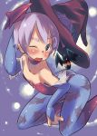  bare_shoulders bat bat_wings blush capcom demon_girl eyebrows flat_chest hat leotard lilith_aensland ookamiuo pantyhose print_pantyhose purple_hair red_eyes short_hair solo succubus vampire_(game) wings wink witch_hat 