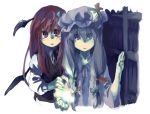  2girls artist_request bat_wings book bookshelf hat head_wings koakuma multiple_girls patchouli_knowledge purple_eyes purple_hair red_eyes red_hair scared tears touhou wings 