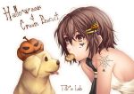  brown_eyes brown_hair cookie dog face_paint facepaint food food_as_clothes food_themed_clothes hair_ornament hairclip halloween hat mouth_hold pumpkin spider_web tattoo tidsean web 