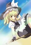  blonde_hair blush broom broom_riding brown_eyes hat kirisame_marisa long_hair miracle solo touhou witch_hat 