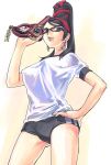  bayonetta bayonetta_(character) black_hair earrings glasses green_eyes gun gym_uniform hair_bun long_hair mole red_ribbon ribbon toriwasa uniform 