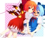  achi_cirno alternate_color alternate_element bad_id blue21 blue_eyes blue_hair blush bow cirno dual_persona fiery_wings fire hair_bow multiple_girls red_eyes red_hair redhead short_hair sweat touhou wings 