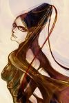  back bayonetta bayonetta_(character) black_hair bodysuit com_(pixiv243822) glasses hair_bun long_hair looking_back mole red_ribbon ribbon 