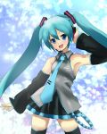  aqua_hair blue_eyes hand_on_headphones hatsune_miku headphones long_hair miracle necktie skirt solo thighhighs twintails very_long_hair vocaloid 