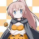  alternate_hairstyle blue_eyes blush breasts checkered cleavage costume crossed_arms halloween jack-o&#039;-lantern megurine_luka minami_(colorful_palette) ponytail pumpkin solo vocaloid wand 