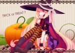  candy halloween hat koto_(colorcube) lollipop long_hair looking_at_viewer melona_(koto) orange_eyes original pumpkin sitting solo striped striped_background striped_legwear striped_thighhighs swirl_lollipop thigh-highs thighhighs trick_or_treat very_long_hair witch_hat 