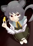  animal_ears bad_id cheese from_above glowing glowing_eyes grey_hair grin mouse_ears mouse_tail nazrin red_eyes short_hair smile smirk solo tail touhou 