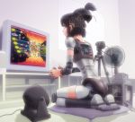  bad_id black_hair fan kneeling original playing_games robot_joints short_hair solo sukabu 