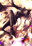  bayonetta_(character) black_hair bodysuit boots candy chains eyeshadow faux_traditional_media feathers gin_(oyoyo) glasses gloves grey_eyes gun hair_bun heels high_heels highres lollipop long_hair mole red_ribbon ribbon spandex very_long_hair weapon 