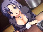  bra breasts cleavage desk down_blouse game_cg highres indoors jewelry koutaro lace-trimmed_bra large_breasts lingerie locket long_hair nail_polish office_lady open_mouth pendant saotome_nagi solo tropical_kiss underwear very_long_hair wallpaper wrist_cuffs 