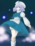  bloomers blush boots bow dress glowing hair_bow hat legs letty_whiterock long_sleeves open_mouth purple_hair short_hair smile smoke solo takosumi touhou 