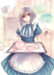  braid izayoi_sakuya maid munya munya_(pixiv434886) red_eyes short_hair silver_hair solo touhou twin_braids 