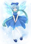  :d bad_id between_thighs blue_eyes blue_hair bow cirno dress hair_bow kneehighs mary_janes open_mouth scarf shoes smile snowflakes socks solo tongue touhou upskirt v_arms wind_lift wings you_zasshoku 