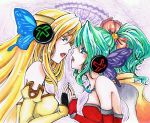  bare_shoulders blonde_hair blue_eyes bow butterfly_hair_ornament butterfly_wings cape celes_chere dissidia_final_fantasy earrings elbow_gloves final_fantasy final_fantasy_vi gloves green_hair hair_ornament headband headphones jewelry karasumi_abi lips long_hair magnet_(vocaloid) multiple_girls necklace parody ponytail ring tina_branford traditional_media vocaloid wings yuri 