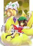  blonde_hair brown_hair cat_ears cat_tail chen earrings fox_tail hat highres jewelry multiple_tails short_hair tail touhou yakumo_ran yellow_eyes 