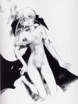  barefoot flat_chest hands head_wings headwings highres lilith lilith_aensland monochrome okazaki_takeshi pantyhose scan solo vampire_(game) wings 
