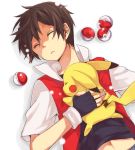  1boy black_hair closed_eyes fingerless_gloves gloves male navel no_hat no_headwear pikachu poke_ball pokemon pokemon_(creature) pokemon_(game) red_(pokemon) red_(pokemon)_(classic) sleeping sonomura 