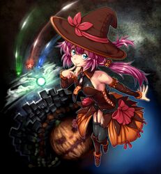  blue_eyes detached_sleeves finger_to_mouth garter_belt garter_straps halloween hat jack-o'-lantern jack-o-lantern long_hair looking_up original pirano pumpkin purple_hair smile solo star thigh-highs thighhighs witch_hat 