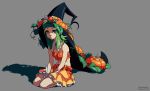  green_hair gumi halloween hat long_hair midriff naya naya_(448) pumpkin simple_background sitting skirt solo vocaloid witch_hat wrist_cuffs 