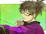  bespectacled black_hair cocoa77 glasses green_background green_eyes male ponytail raven smile solo tales_of_(series) tales_of_vesperia 