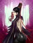  ass back bayonetta bayonetta_(character) black_hair chains earrings glasses gun hair_bun hiyopi long_hair looking_back red_ribbon ribbon very_long_hair 