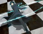  1boy bad_id battle black_hair checkered clenched_teeth darker_than_black glowing hei knife male red_eyes shadow solo yuuna_(upper-soul) 