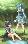  2girls animal_ears barefoot blue_eyes blue_hair blush feet feet_in_water forest grass grey_hair harusame_(unmei_no_ikasumi) heterochromia highres jewelry mouse_ears multiple_girls nazrin outside pendant red_eyes short_hair soaking_feet soles tatara_kogasa toes touhou water 