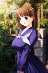  breasts brown_hair forest highres kantori large_breasts love_plus mole nature school_uniform serafuku solo translation_request 