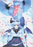  absurdres blue_eyes blue_hair bow crossed_arms dress dual_wield dual_wielding fan ghost green_eyes hairband hat highres japanese_clothes katana konpaku_youmu konpaku_youmu_(ghost) multiple_girls myon petals pink_eyes pink_hair profile red_eyes saigyouji_yuyuko scan short_hair sword touhou ueda_ryou wakizashi weapon 