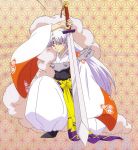  armor asa_no_ha_(pattern) crescent crescent_moon demon fur hexagon highres honeycomb_background inuyasha japanese_clothes kimono long_hair male official_art pointy_ears scan sesshoumaru solo sword weapon white_hair yellow_eyes 