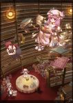  book book_hug bookmark bookshelf cake chin_rest floating floating_object food from_above head_wings headwings highres izayoi_sakuya koakuma leo_hariyoru library light pastry patchouli_knowledge remilia_scarlet signature table tea tiered_tray touhou voile wings 