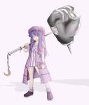  book bow chain chains clenched_hand crescent fist hair_bow hat long_hair no_nose patchouli_knowledge purple_eyes purple_hair short_dress smile solo touhou violet_eyes weapon wrist_cuffs 