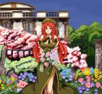  braid breasts china_dress chinadress chinese_clothes flower garden hat hong_meiling long_hair red_eyes red_hair redhead shiba_murashouji side_slit solo touhou twin_braids 