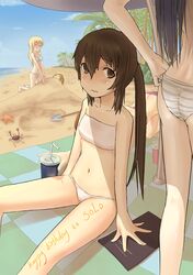  ^_^ akiyama_mio all_fours ass back beach bikini blonde_hair blush brown_hair closed_eyes crab crustacean drink haoyuan hirasawa_yui k-on! kotobuki_tsumugi multiple_girls nakano_azusa palm_tree shovel starfish straw striped striped_bikini striped_swimsuit swimsuit tainaka_ritsu tree twintails worktool 