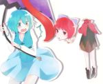  2girls bow capelet dress gasp headless heterochromia karakasa_obake multiple_girls scared sekibanki short_hair simple_background surprised tatara_kogasa touhou umbrella yuki_hiyoko_(bluishsky) 