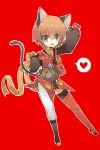  animal_ears asymmetrical_clothes brown_hair cat_ears gloves green_eyes kanzaki_maguro red_background rita_mordio short_hair smile solo tail tales_of_(series) tales_of_vesperia 