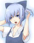  adjusting_hair alternate_hairstyle blue_eyes blue_hair bust cirno highres open_mouth ponytail shiro_negi solo touhou 