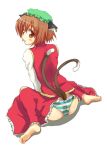  ass bad_id blush brown_eyes brown_hair cat_ears cat_tail chen dassyoku hat looking_back multiple_tails panties short_hair simple_background sitting solo striped striped_panties tail touhou underwear wariza 