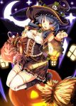  broom broom_riding candy candy_cane cookie detached_sleeves food halloween hat highres jack-o'-lantern jack-o-lantern long_hair moon original pumpkin red_eyes ryuuzaki_itsu solo thigh-highs thighhighs witch_hat 
