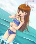  bangs bikini brown_hair bunny flat_chest idolmaster long_hair minase_iori muhi11234 rabbit solo swimsuit water 