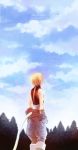  blonde_hair celestial_s cloud final_fantasy final_fantasy_ix forest from_behind highres nature ponytail sky sleeveless solo tail translation_request zidane_tribal 